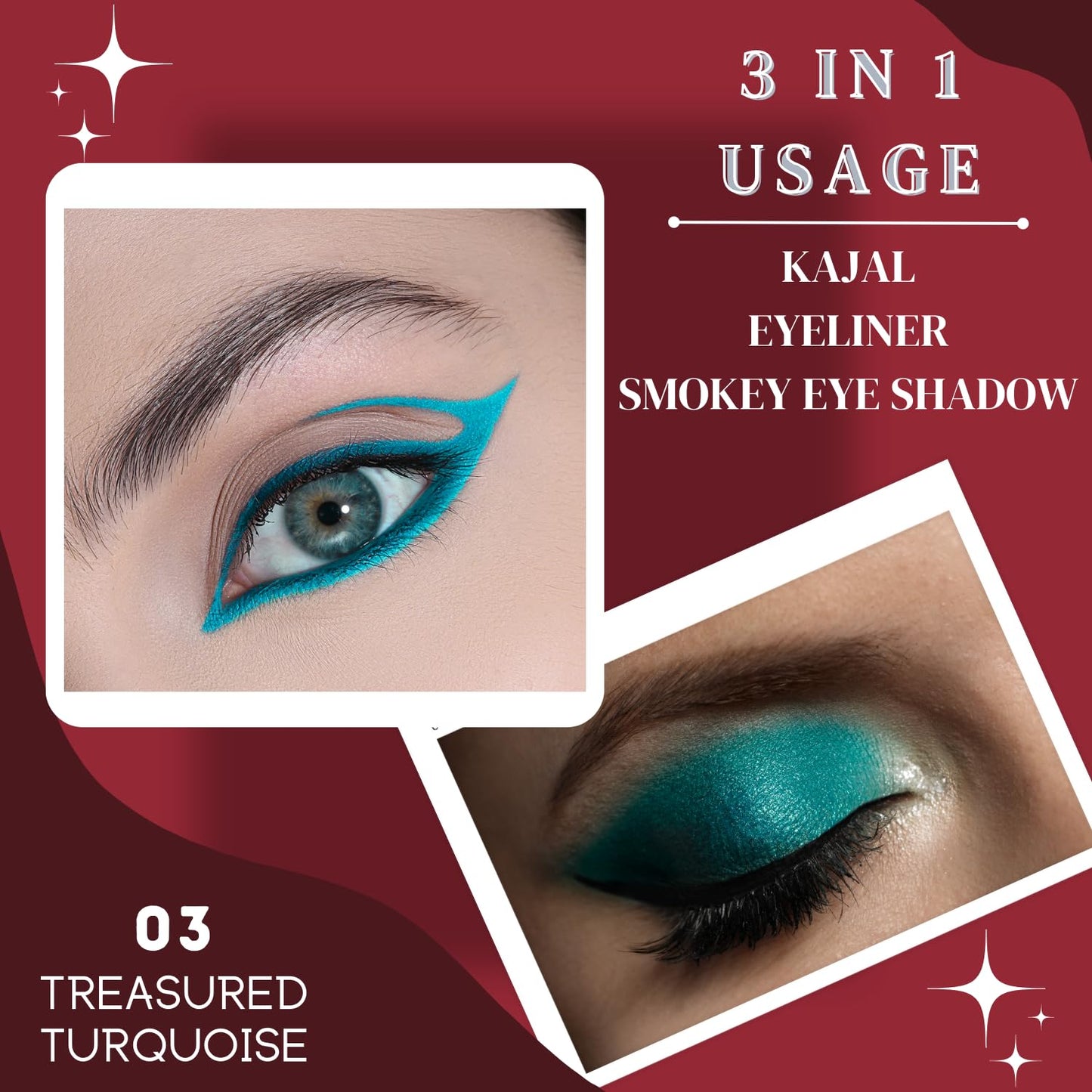 KINDED Kind Eyes Kajal 3 in 1 Kohl Kajal Eye Liner Smokey Eye Shadow Waterproof Smudge Proof 18 Hours Colour One Stroke Auto Kajal Pencil (Combo 0.35 gm each, Boundless Black & Treasured Turquoise)