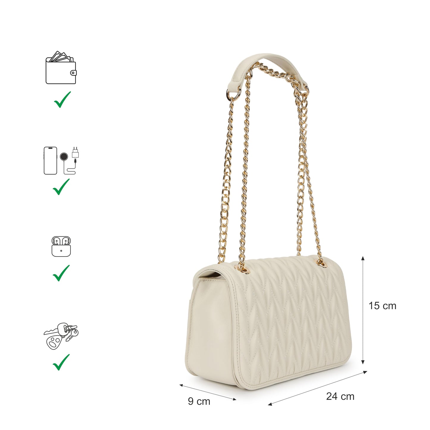 Fastrack QuiltGrid Shoulder Bag | Faux-Leather Women’s Handbag | Diamond Quilted Design | Adjustable Chain Strap | Zipper & Magnetic Closure | Gold-Finish Hardware