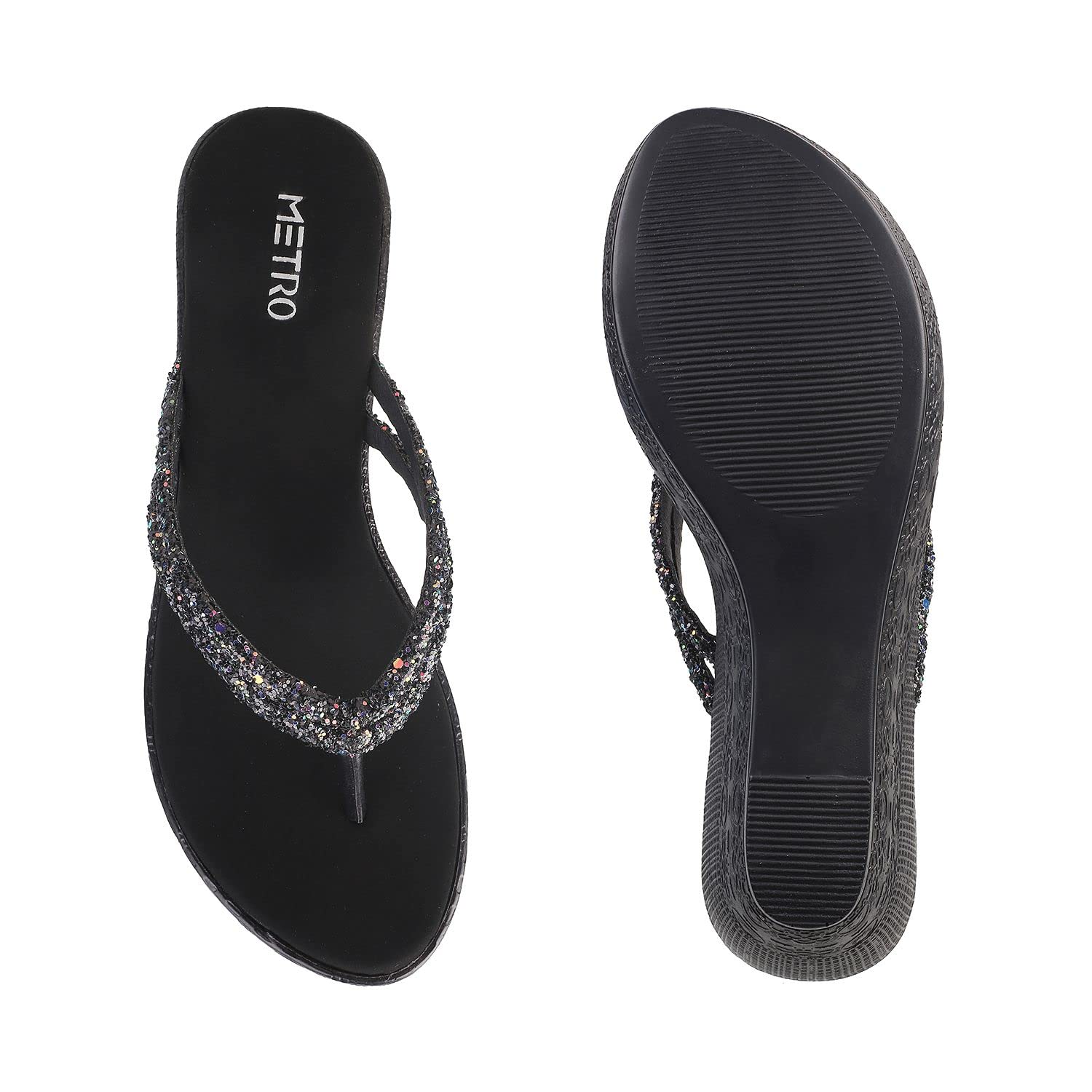 Metro Women Black Synthetic Leather Wedge Heel Sandal - SaumyasStore