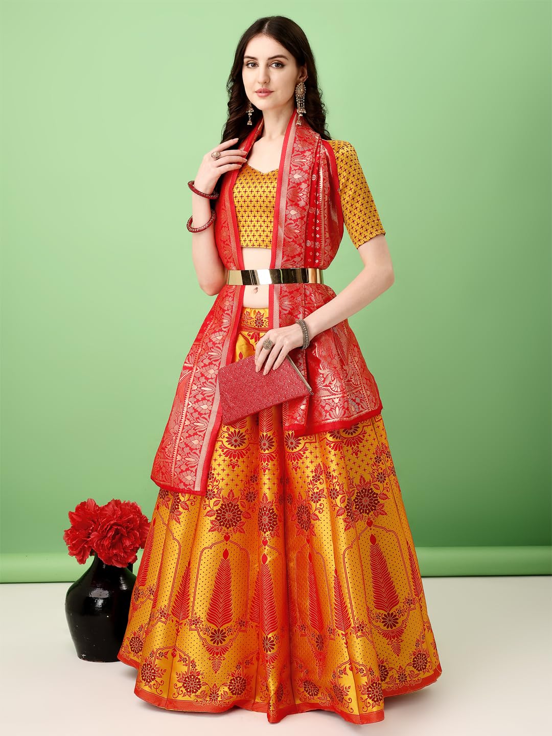 SWAMI STUDIO Womens Banarasi Silk Readymade Lehenga Choli (GOLD), FREE