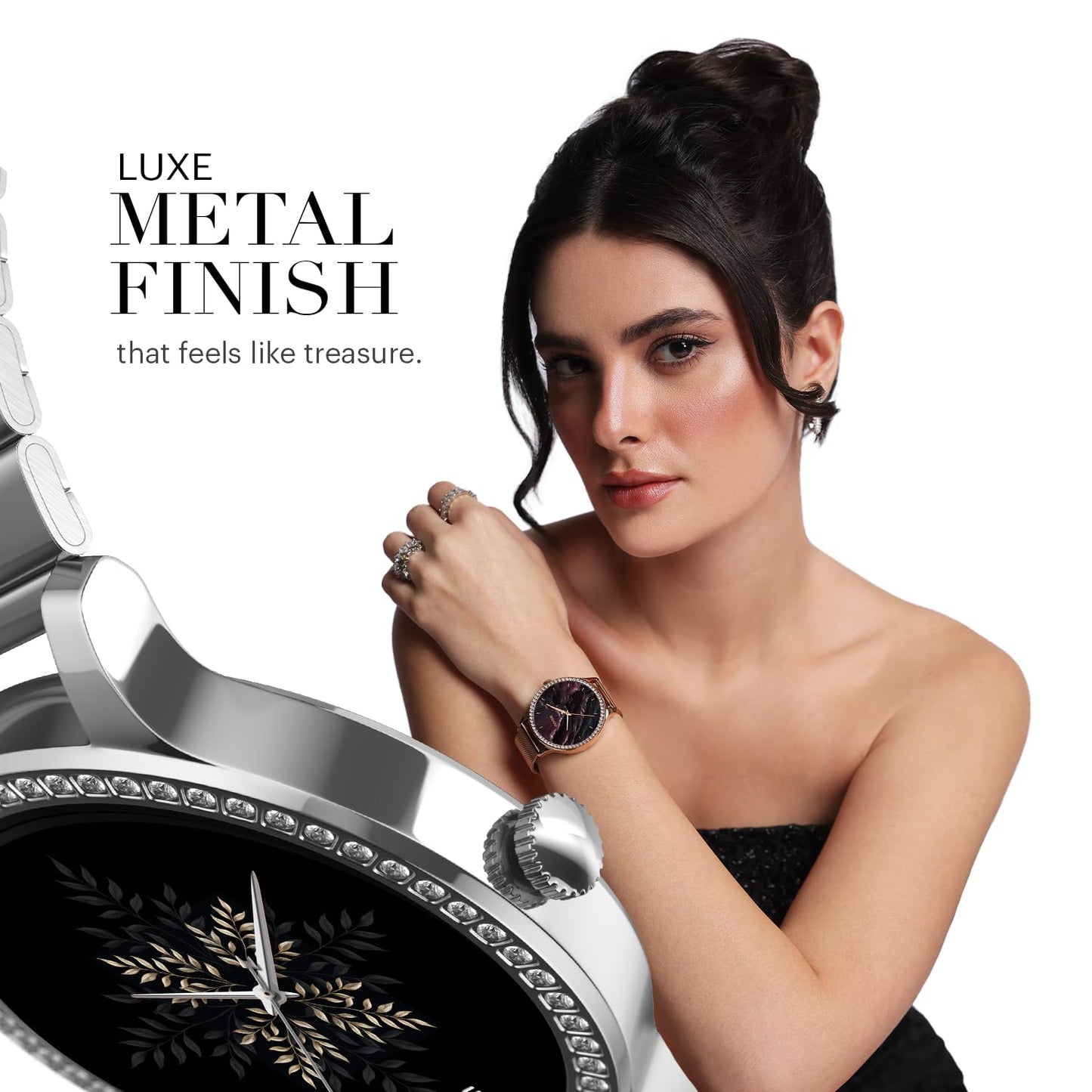 Noise Diva Araya Smartwatch for Women with AMOLED Display (850 Nits), 60 Precision-Set Crystals, Cycle Tracking, Skin Temperature, SOS with Live Location, 100+ Watch Faces - Iconic Silver