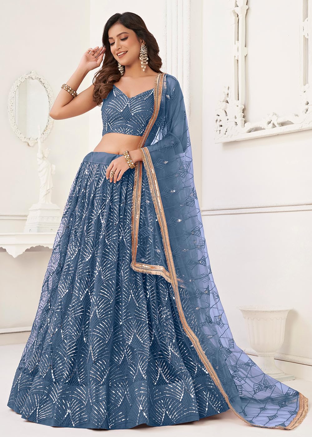 JIHU CULTURE Women's Net Lehenga Choli Set with Thread and Sequence Embroidery Work, Original Mirror Handwork Semi-Stitched Lehenga, Unstitched Blouse & Net Dupatta