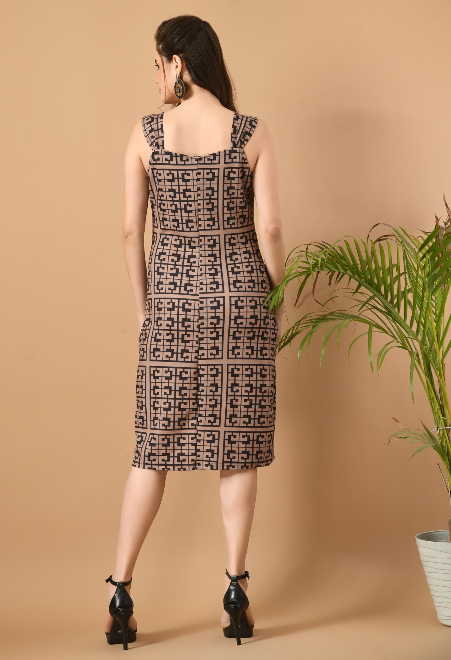 IUGA Women Dress Knee Length Sleeveless Designer Printed Brown
