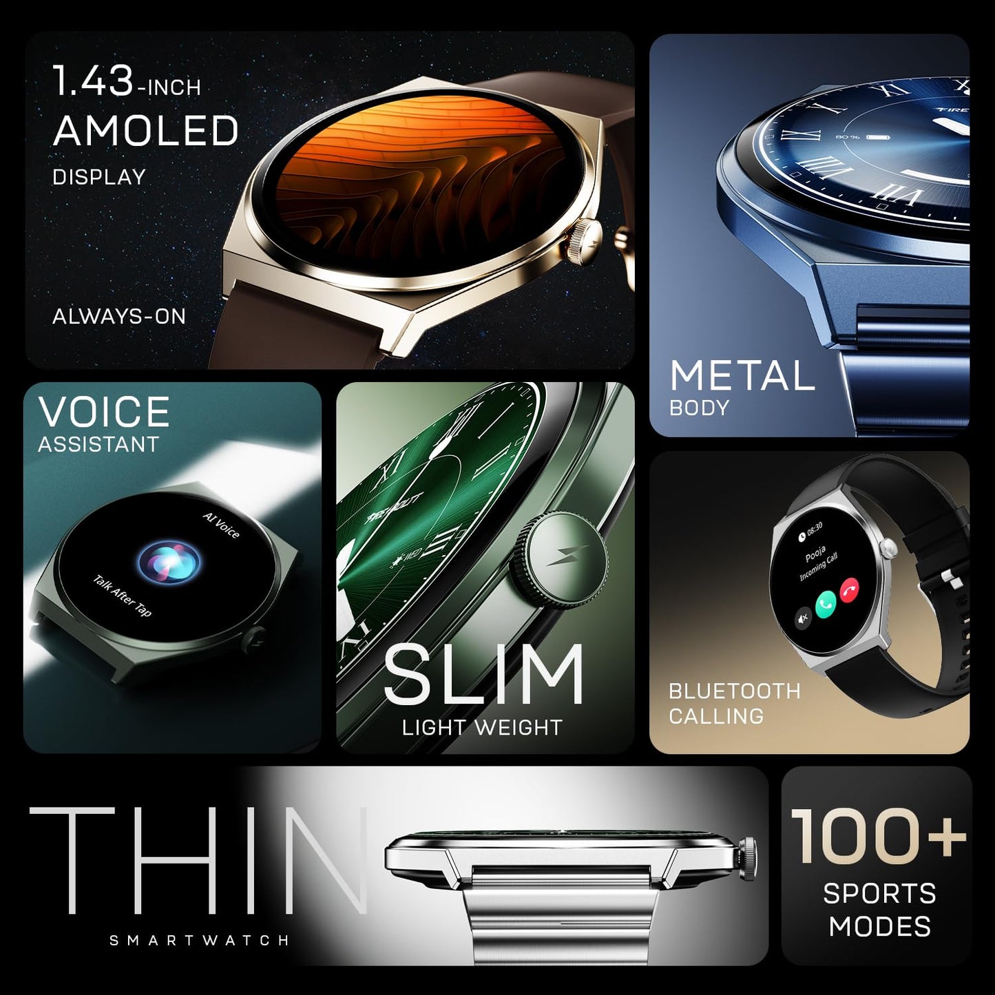 Fire-Boltt Phoenix Nova Smartwatch 1.43” Slim Super AMOLED Display, 466x466 Pixel Always-On Display, Bluetooth Calling, Health Tracker for Men & Women Obsidian Black