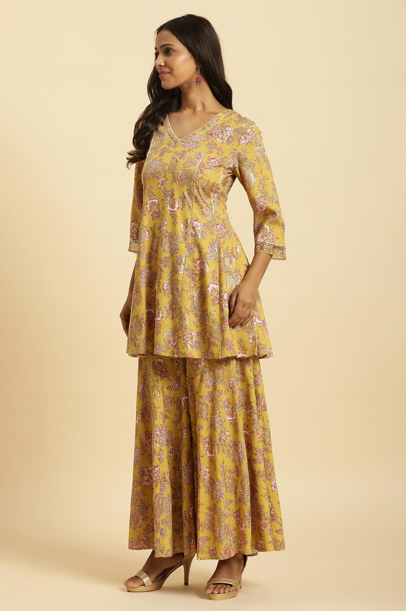 W for Woman Yellow Floral Printed Short Flared Kurta, Sharara And Dupatta Set (Size: 2XL)-23AUWS19717-121051