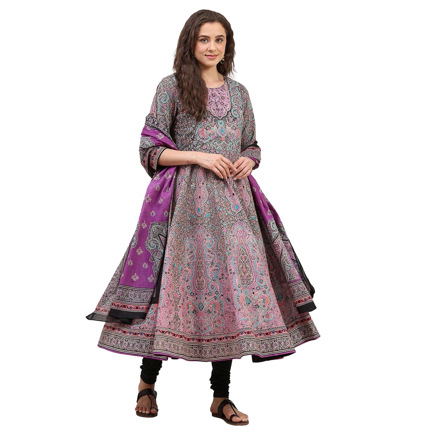 Biba Women Purple Cotton Printed Anarkali Suit Set_40