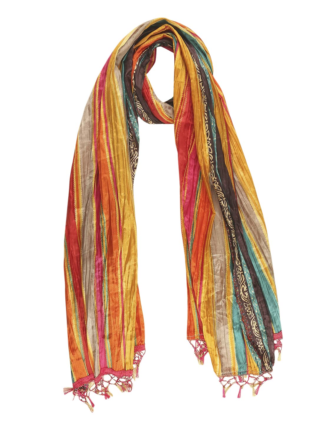 DUPATTA BAZAAR Women's Striped Print Multicoloured Art Silk Crushed Dupatta, Free Size