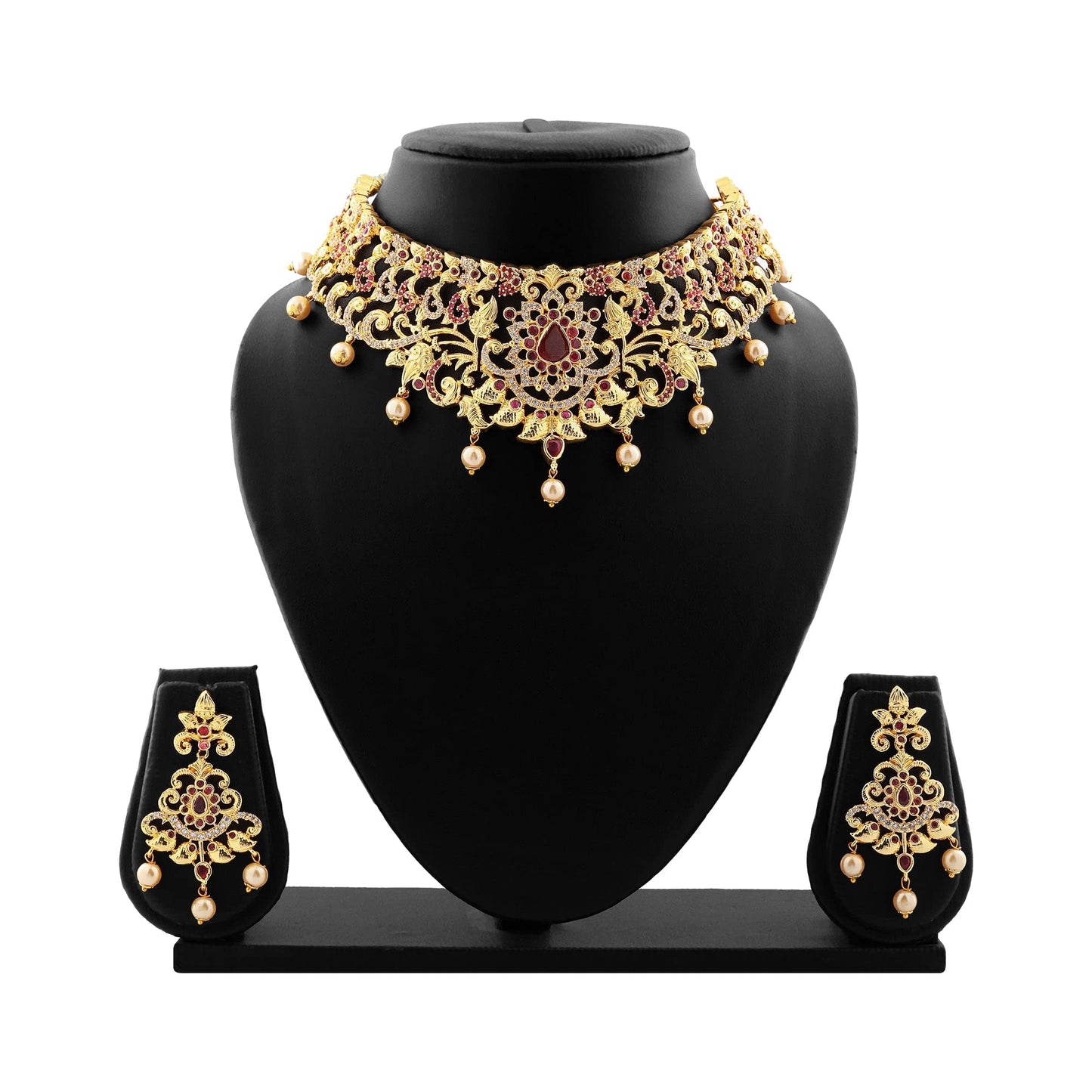 Estele Gold Plated CZ Magnificent Bridal Choker Necklace Set With Pearls for Women
