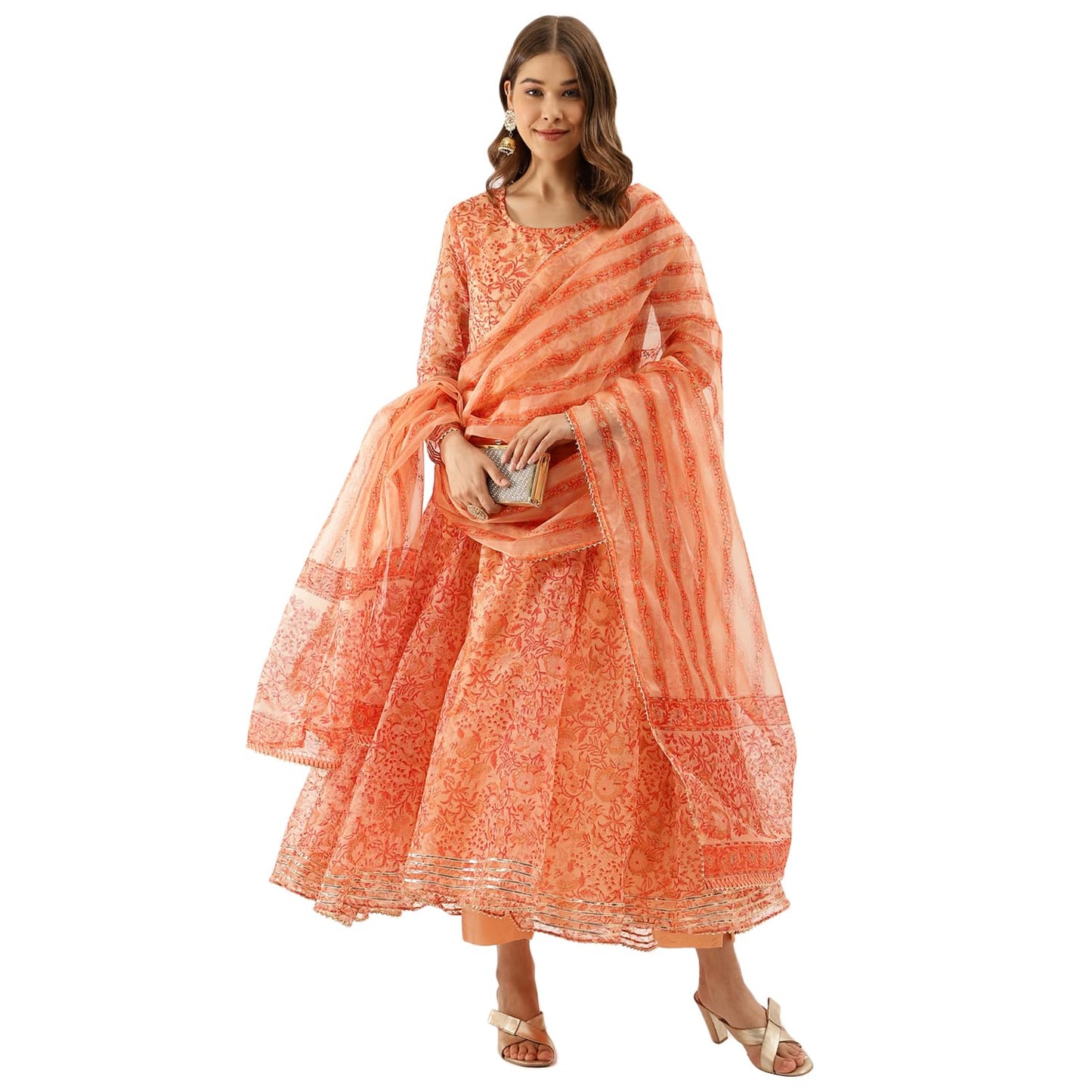 Divena Orange Floral Print Organza Anarkali Kurta set with Dupatta