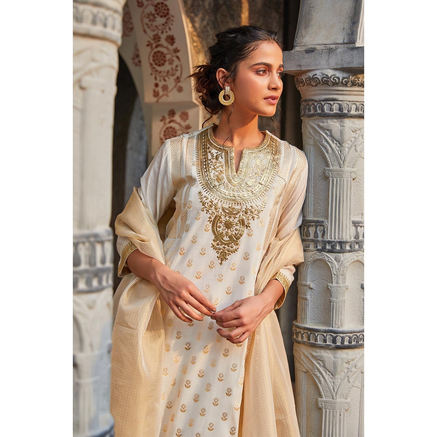 BIBA Women Cotton Blend Straight Self Design Suit Set (SKDMAURYA9378SS24OWHT_Off White