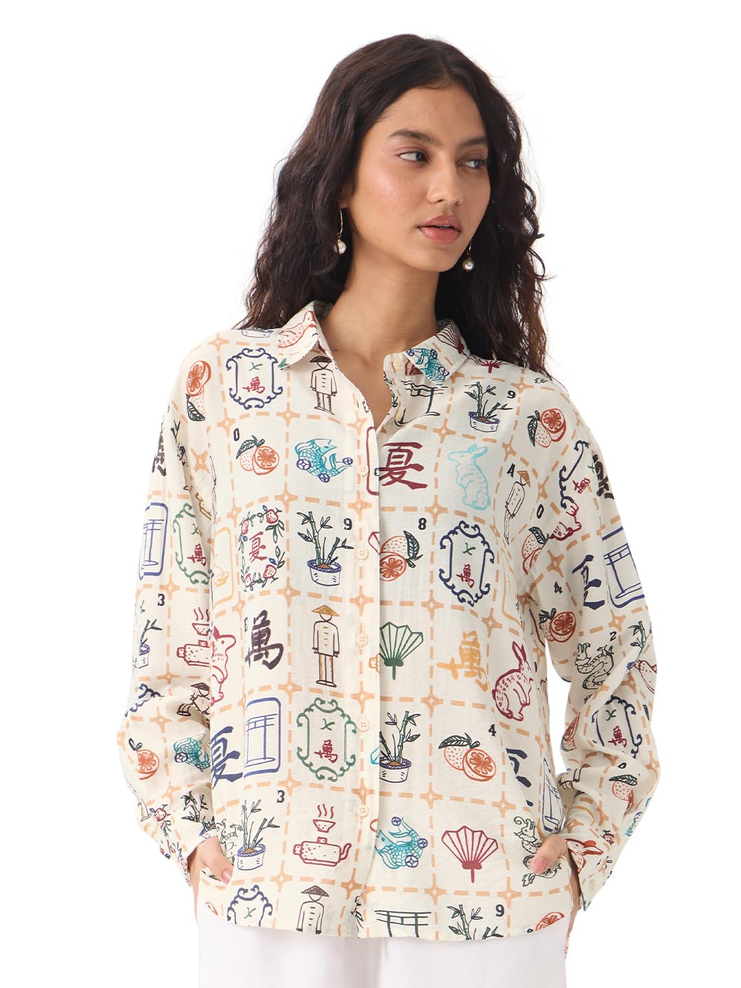 The Souled Store Textured Shirt: Mahjong Tiles Women and Girls Long Sleeves Collared Neck Button Front Beige All Over Printed Oversized Fit Cotton Boyfriend Shirts