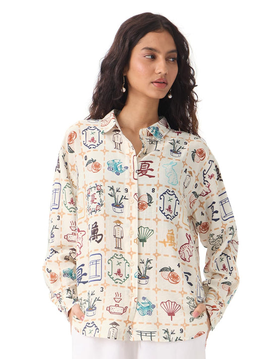The Souled Store Textured Shirt: Mahjong Tiles Women and Girls Long Sleeves Collared Neck Button Front Beige All Over Printed Oversized Fit Cotton Boyfriend Shirts
