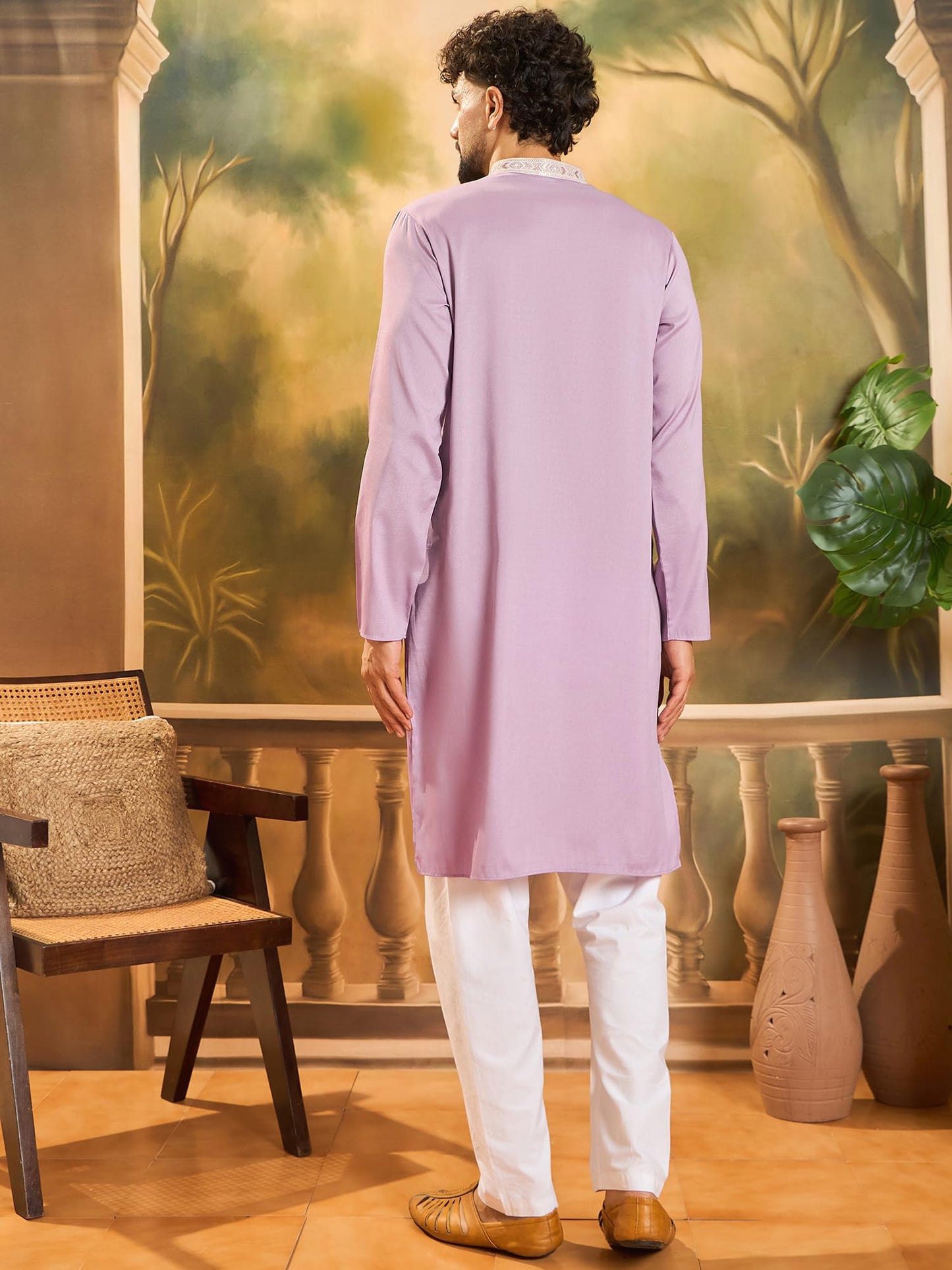 Ethnic Bay Men's Lavender Silk Blend Solid Embroidered Calf Length Kurta | Embroidered Kurta's for Men | Straight Fit Kurtas for Mens (MKU1489, XL)