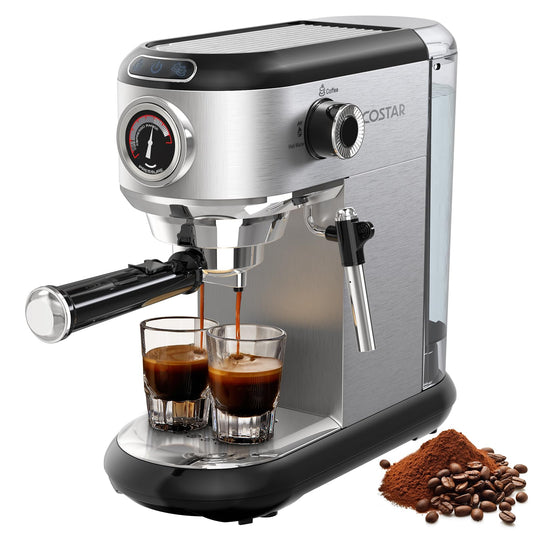Costar 20 Bar Espresso Coffee Machine with Steam Wand, Stainless Steel, 1350W Quick Heating Coffee Maker Machine for Home,Pressure Indicator, Compact Espresso Maker for Home Barista for Espresso/Latte