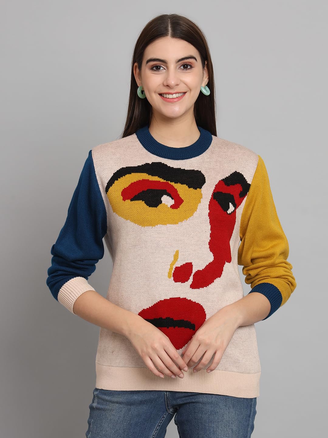 THE DRY STATE Womens Facial Expression Graphic Multicolour Pullover Sweater