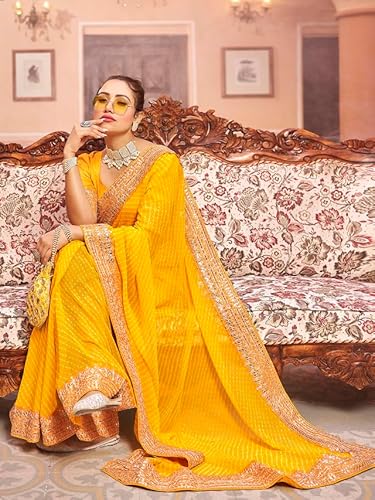 Satrani Women's Georgette Printed & Embroidery Lace Saree with Unstitched Blouse Piece (3463S236N_Yellow)