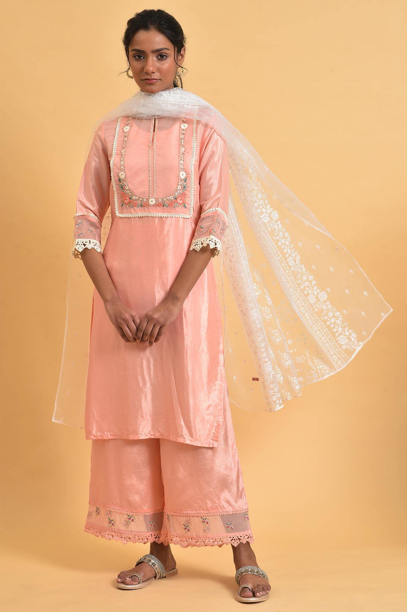 W for Woman Polyester Women Ecru Printed Brasso Dupatta, Free Size, Beige_WFS