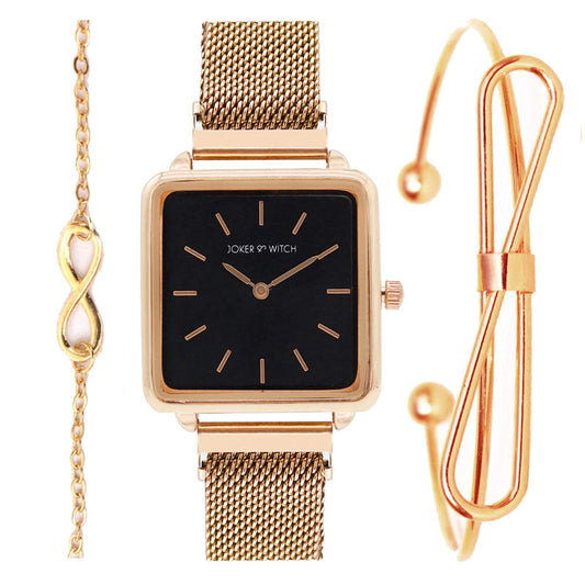 Joker & Witch Stainless Steel Firefly Rosegold Analog Watch Bracelet Set for Women, Black Dial, Rose Gold Band