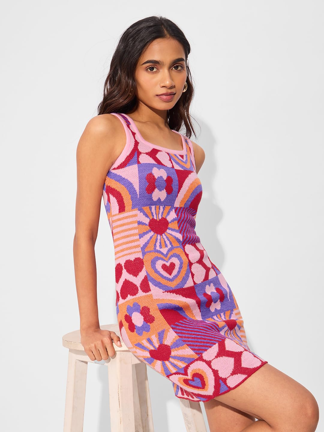 The Souled Store Jacquard Knit Dress: Heart Maze Women and Girls Sleeveless Acrylic Knit Dress