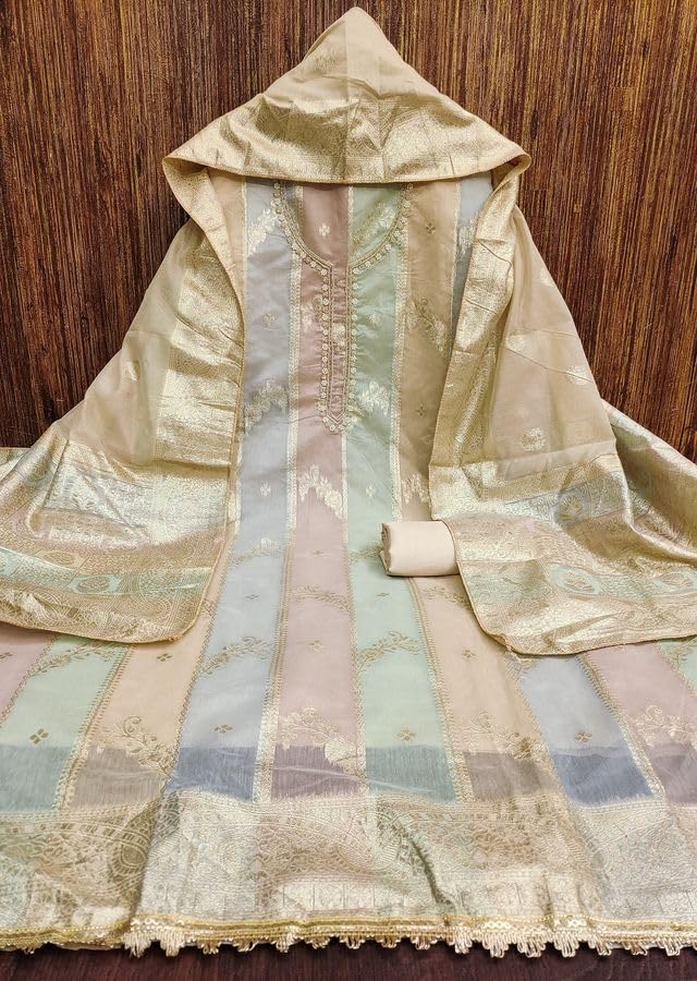 VARNI FABRICS Jacquard With Neck handwork Dress Material for Women Striped Unstitched Woman Salwar Suit Dress Material With Jacquard Dupatta Pastel Multicolors