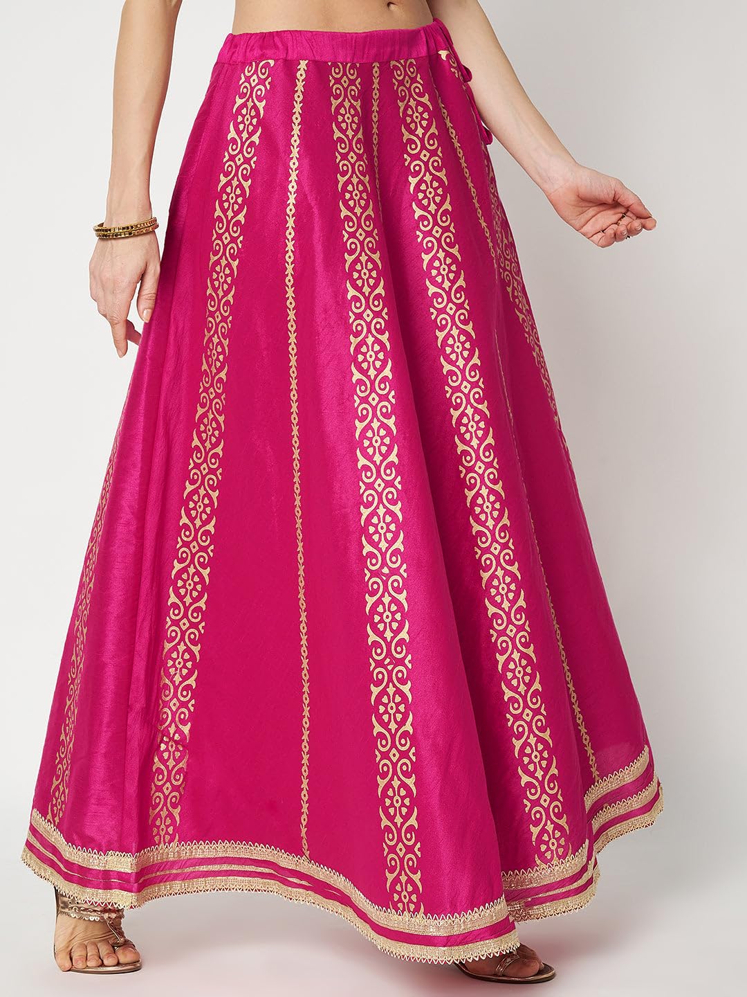 studio rasa Women's Dupion Hand Block Printed Embellished Bias Skirt for Wedding Festive Party (SKTC52412_Pink_X-Large)