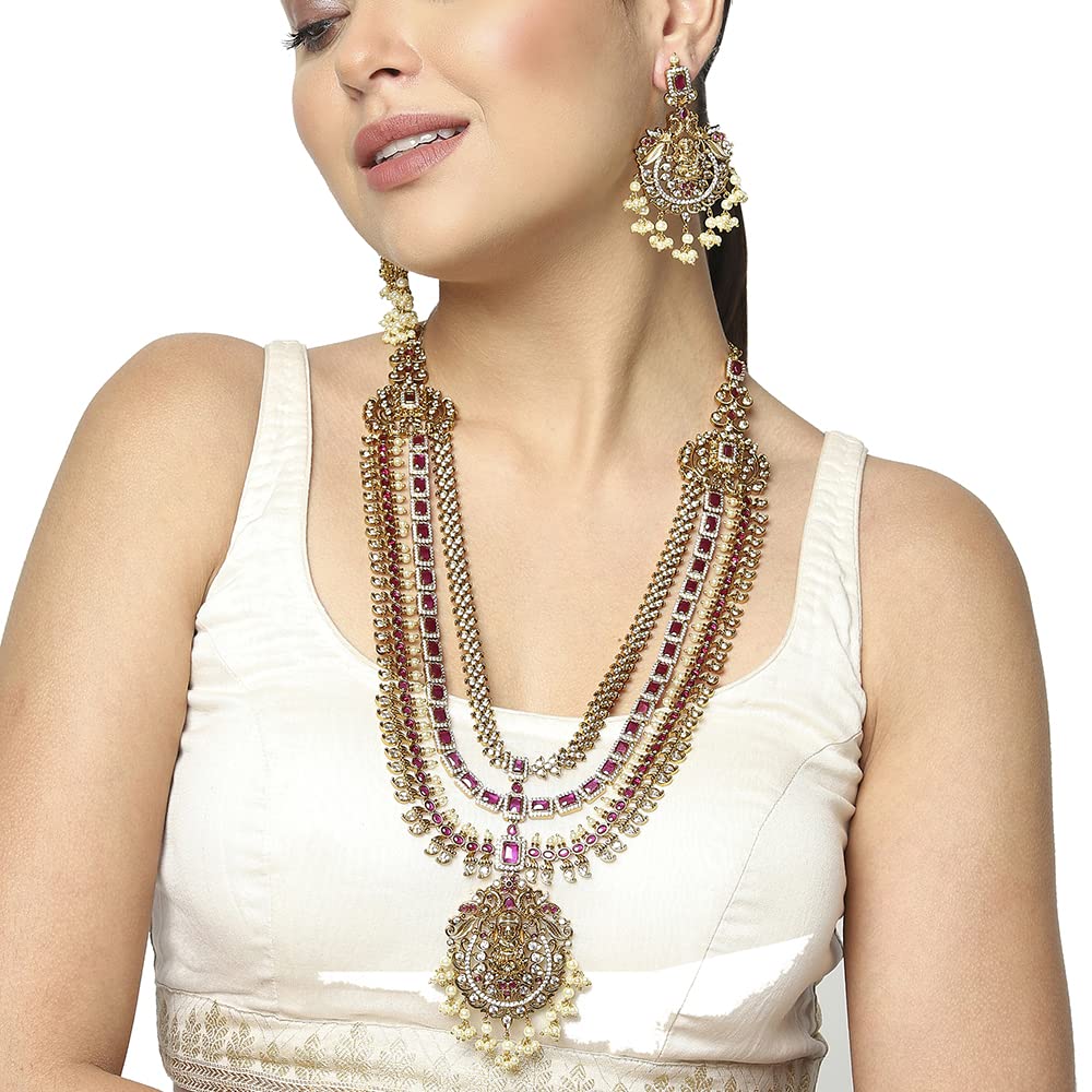 VOYLLA Antique Inspired Opulent CZ and Faux Pearls Multi-Strand Brass Gold Plated Jewellery Set