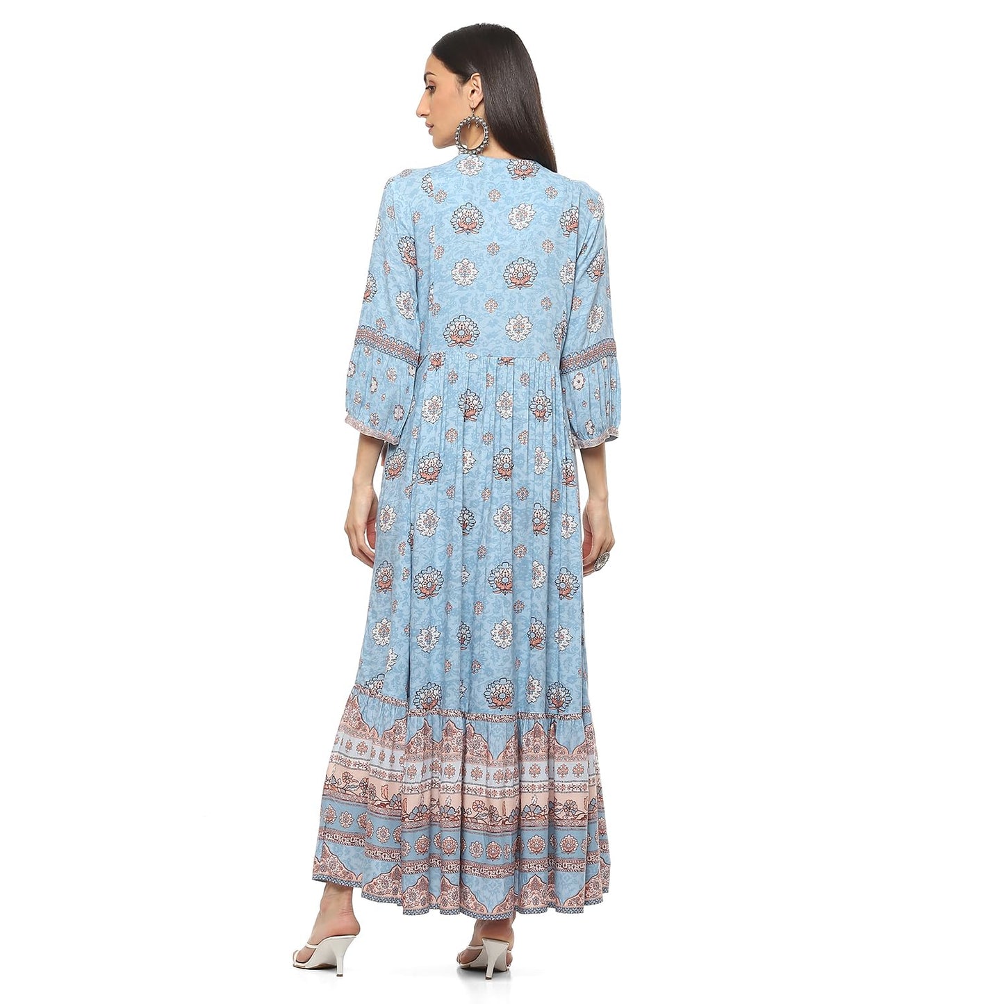 BIBA Women's Printed Tired Straight, Ankle Length Dress Mix and Match (Ribayat Collection2344_Sky Blue_32)