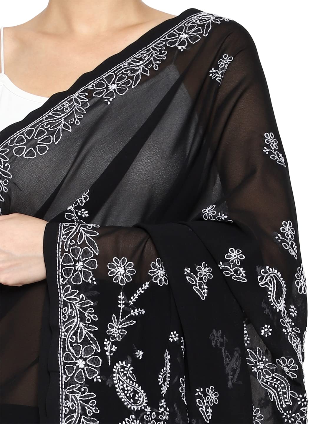 Ada Hand Embroidered Lucknow Chikankari Women's Georgette Saree with Unstitched Blouse Piece A130251 Black