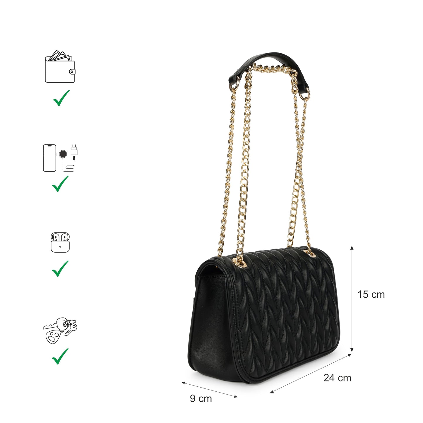 Fastrack QuiltGrid Shoulder Bag | Faux-Leather Women’s Handbag | Diamond Quilted Design | Adjustable Chain Strap | Zipper & Magnetic Closure | Gold-Finish Hardware