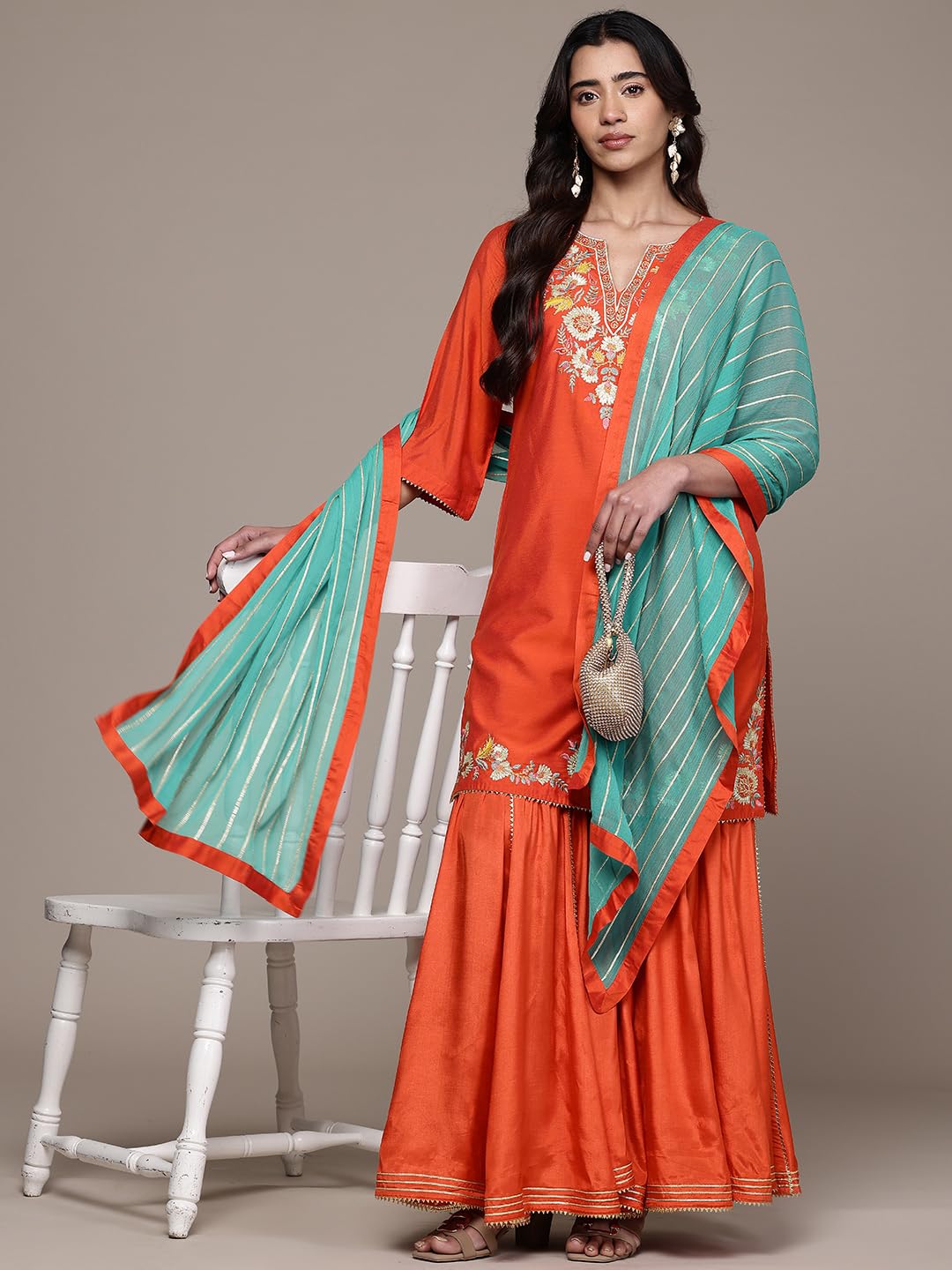 Aarke Ritu Kumar Orange Laila Festive Round Neck Kurti With Pant And Dupatta