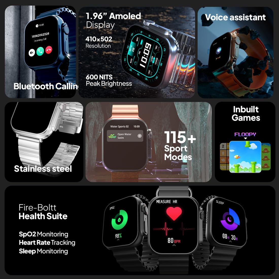 Fire-Boltt Gladiator + 1.96 AMOLED Display Luxury Smartwatch, Rotating Crown, 115+ Sports Modes & Bluetooth Calling, AI Voice Assistant, Gaming