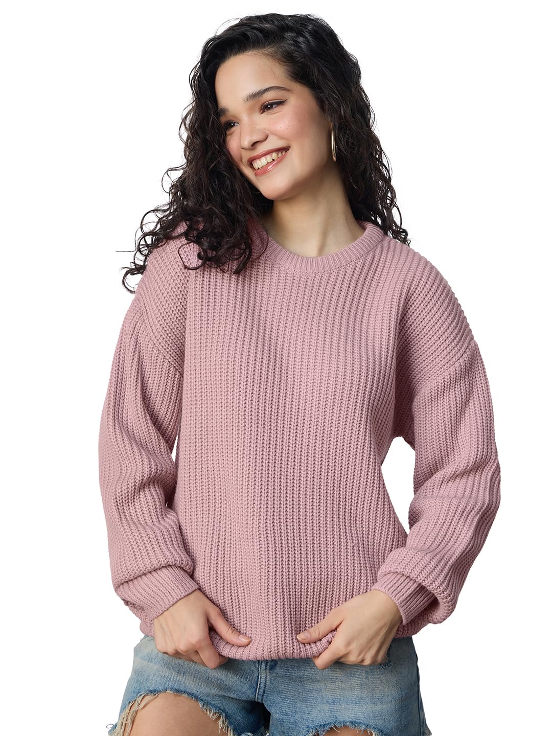 The Souled Store Knitted Sweater: Blush Women and Girls Long Sleeves Round Neck Solid Pull Over Acrylic Oversized Sweaters