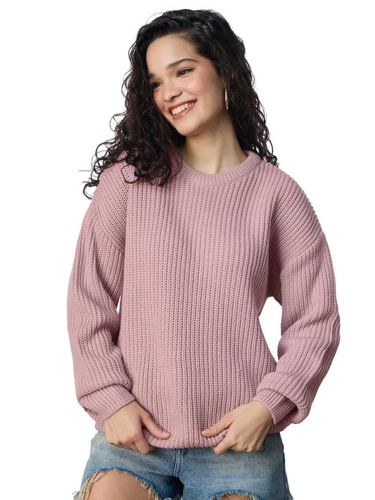 The Souled Store Knitted Sweater: Blush Women and Girls Long Sleeves Round Neck Solid Pull Over Acrylic Oversized Sweaters
