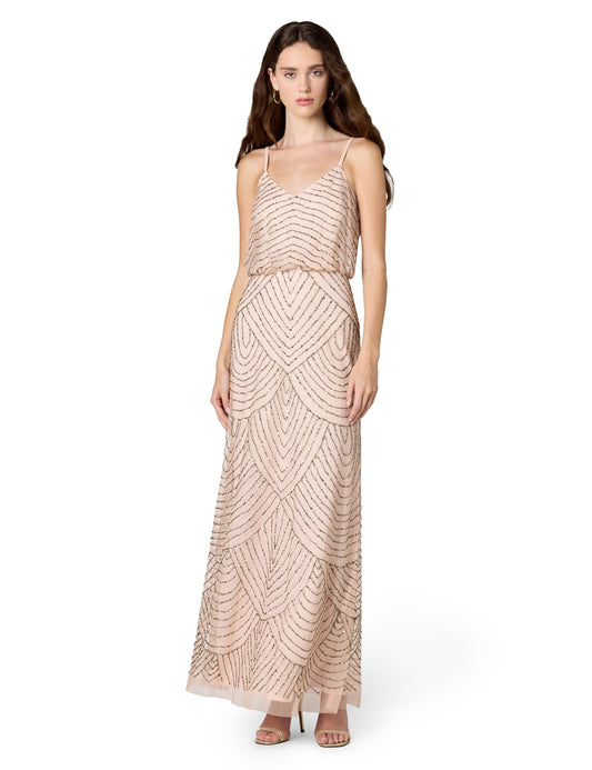 Adrianna Papell Women's Missy Long Blouson Dress, Blush/Gold/Pink, 2