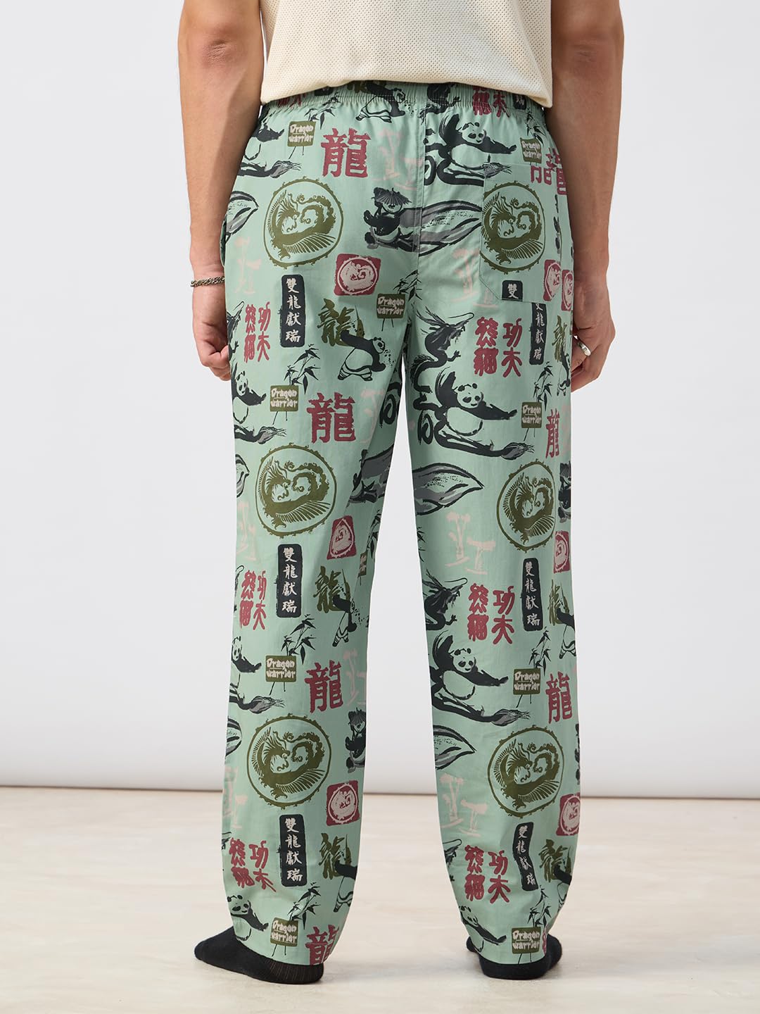 The Souled Store Kung Fu Panda: Warrior Men and Boys Elastic Waistband Green All Over Printed Cotton Regular Fit Lightweight All-Season Lounge Pyjamas