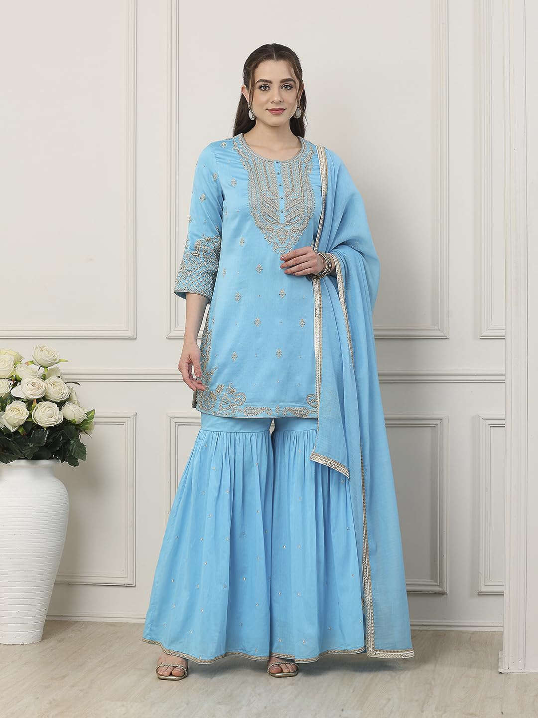 Biba Women Turquoise Silk Chanderi Straight Suit Set_36