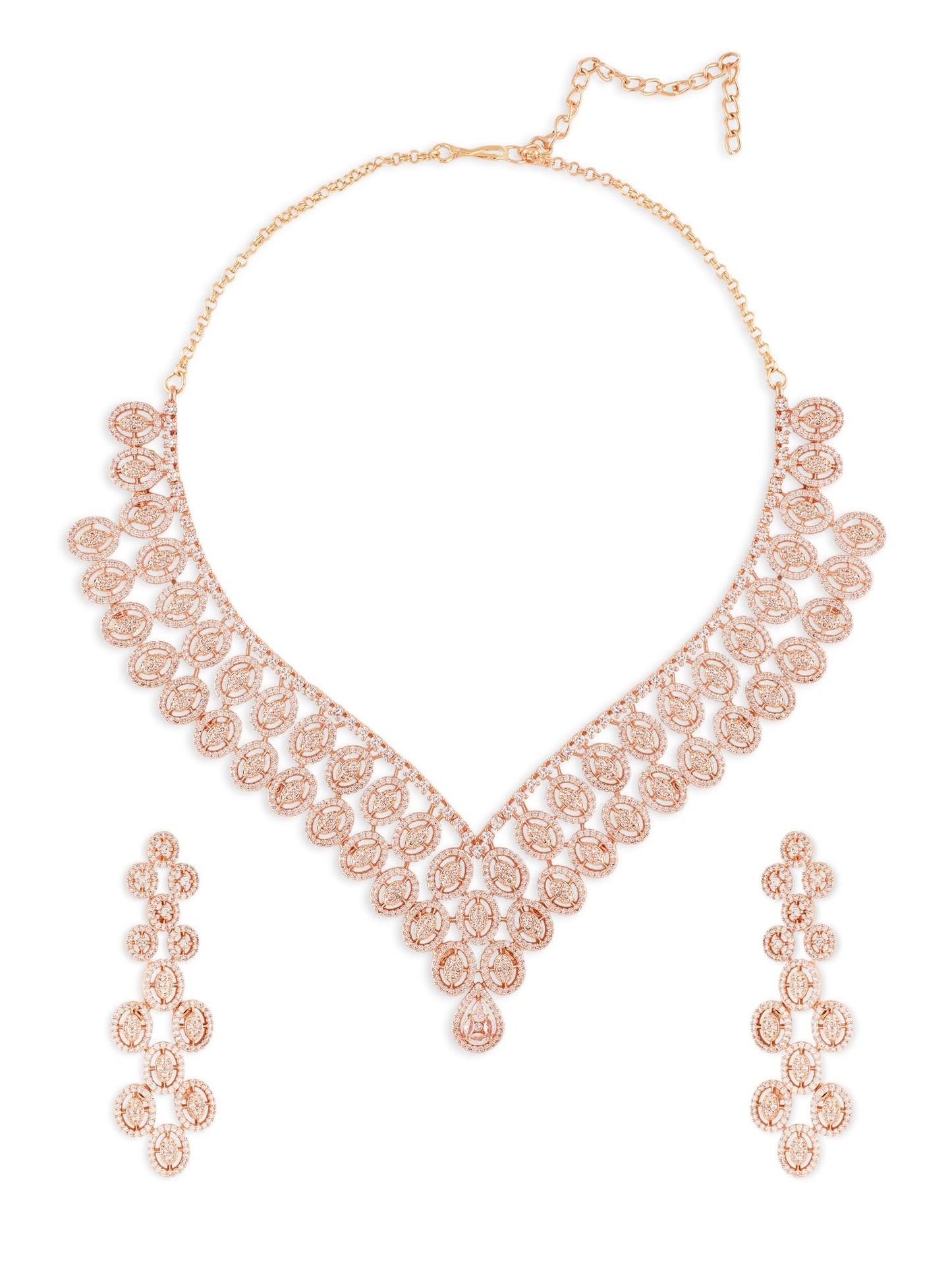 ZAVERI PEARLS Rose Gold Cubic Zirconia Contemporary Brass Necklace & Earring Set For Women-ZPFK21107