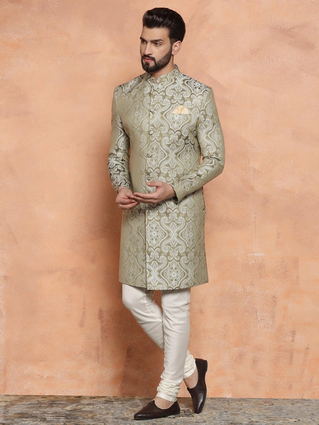 KISAH Sherwani for Men Wedding – Embroidered Indo Western Sherwani with Churidar | Designer Ethnic Outfit for Groom & Festivals, Olive, 40