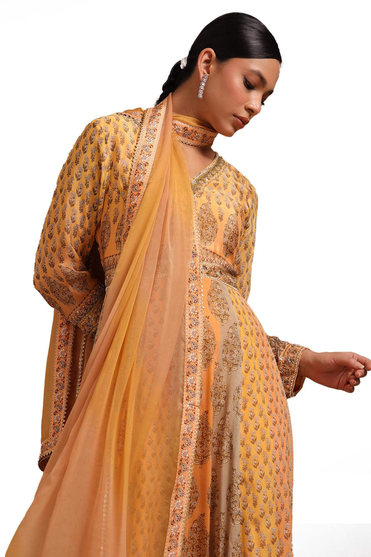 Soch Womens Mustard Viscose Botanical Print Gown with Sequins