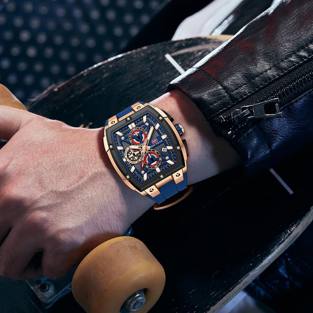 MF MINI FOCUS Men's Quartz Watch Wine Barrel Outdoor Style Curved Mirror Multi-Layer Hollow Men's Watch 0602G, Blue, Modern