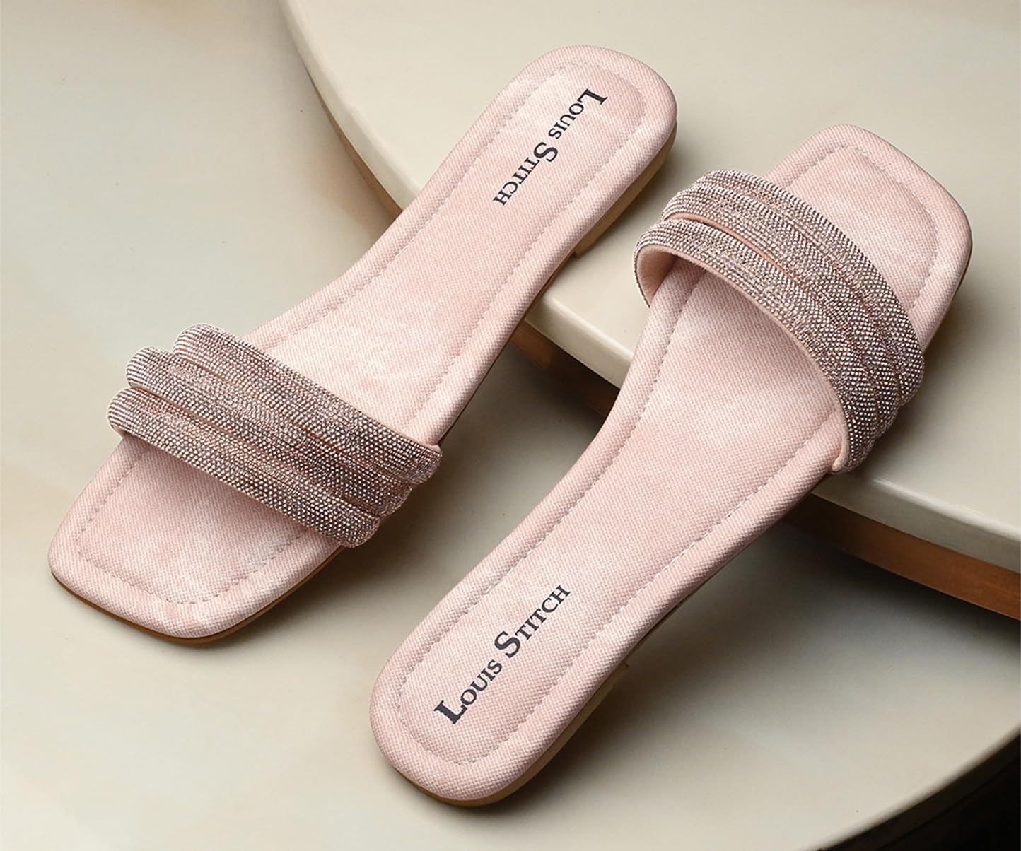 LOUIS STITCH Women’s Fashion Flat Slip-On Sandals | Open Toe Shiny Strap Flat Slipper for Ladies, Comfortable All day Wear Slipper | LDSL-GLST