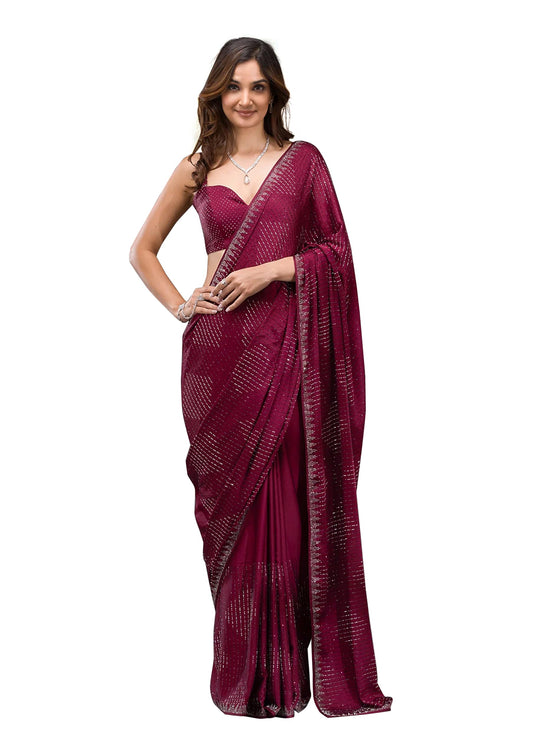 TRENDMALLS Women's Silk Siroski Work Saree with Unstitch Blouse Piece (K1132-Purple)