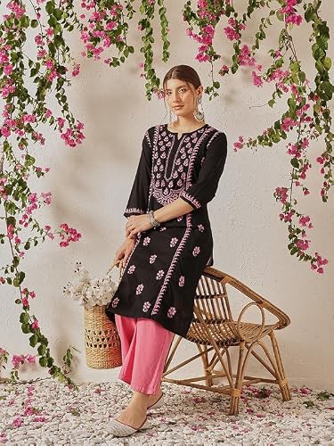 Ada Hand Embroidered Lucknowi Chikankari Straight Cotton Round Neck Kurti Kurta for Women A411771 (2XL) Black/Pink