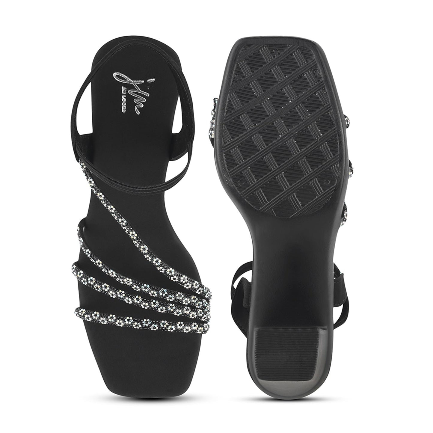 JM LOOKS Women's Sandal Strappy Embellished Heels Ankel Strap Square Toe Lightweight Comfortable Stylish for Wedding Party Festivel Occasion - Black