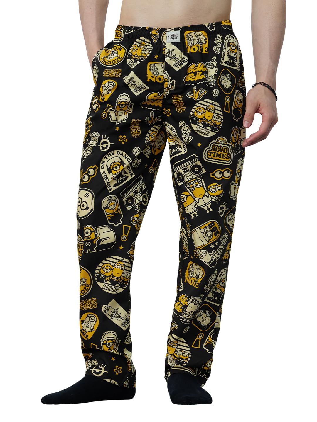 The Souled Store Minions: Moods Men and Boys Black All Over Printed Pull On Regular Fit Cotton Pajamas