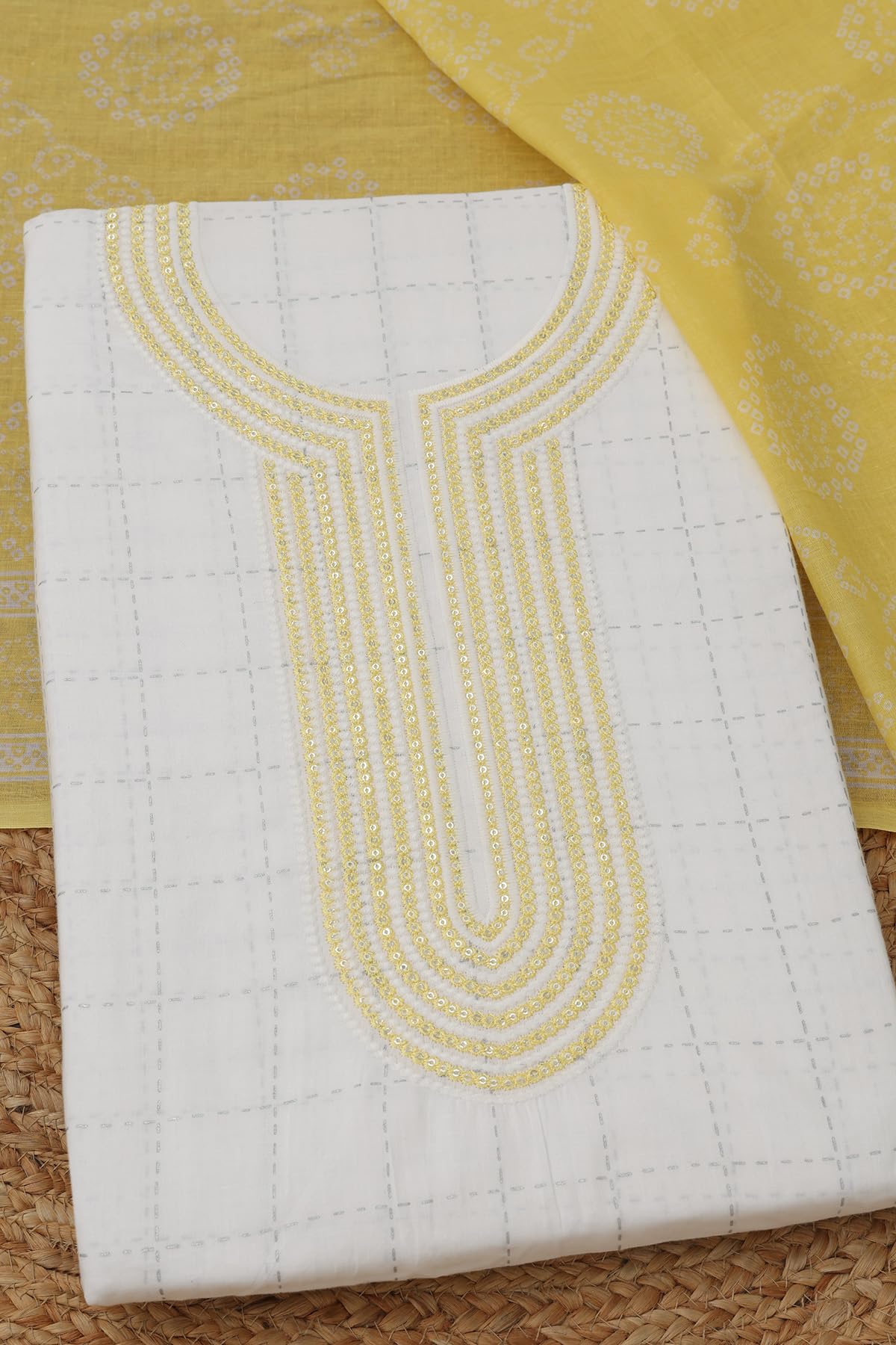 Soch Womens White Cotton Checked Dress Material With Sequin