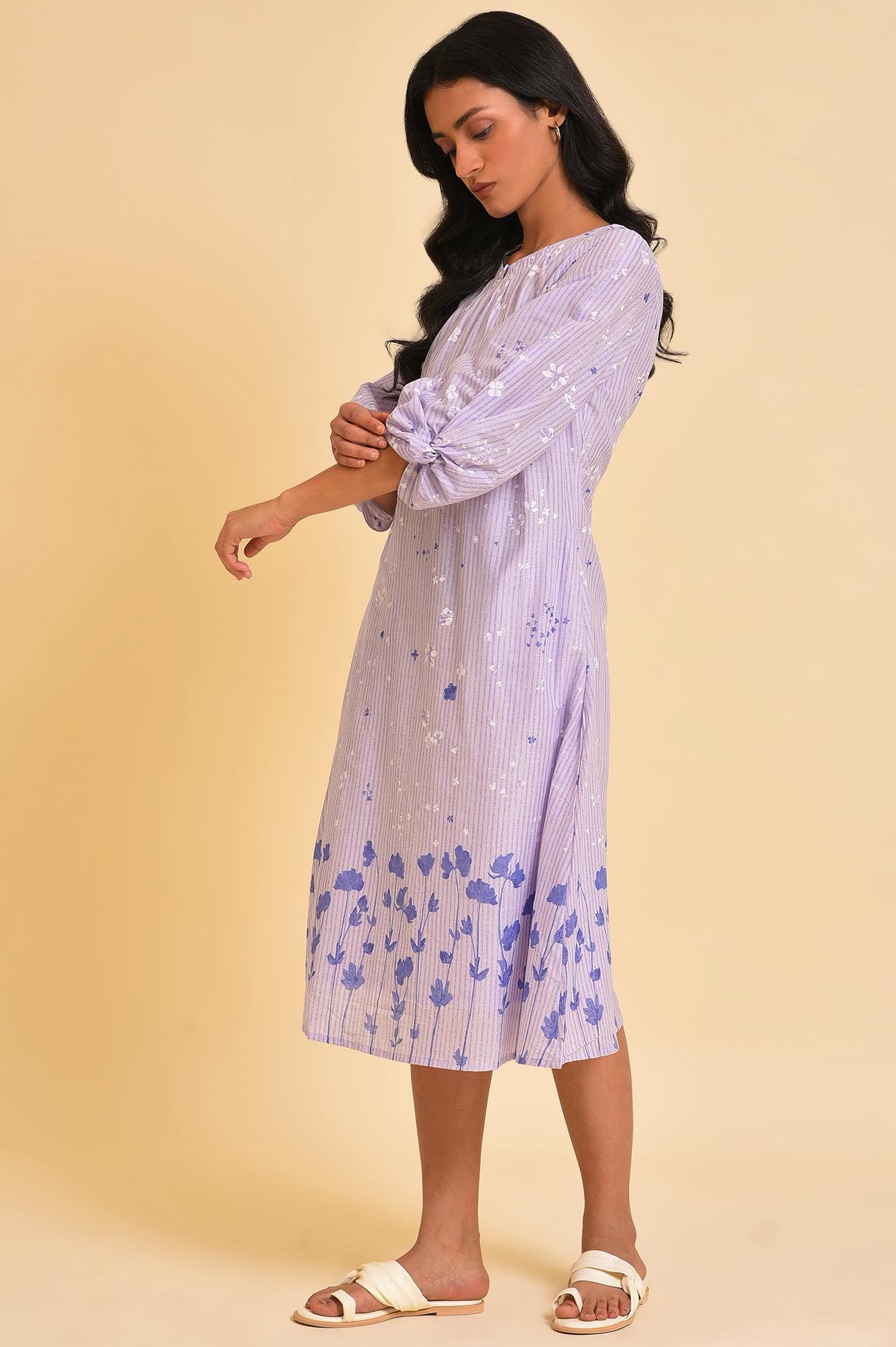 W For Woman Ecru Floral Printed Cotton A-Line Dress with Thread Embroidery