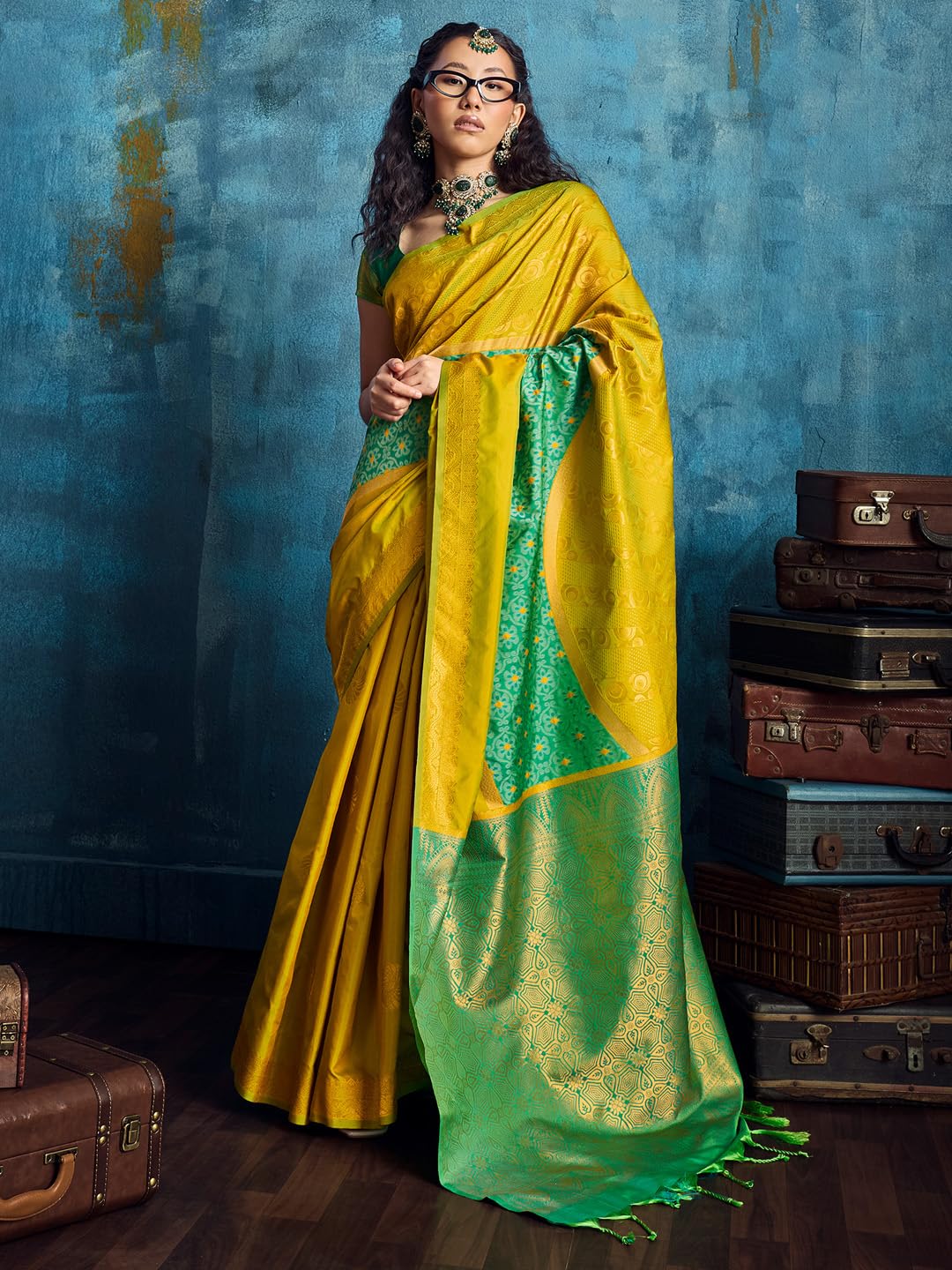 AKHILAM Women's Lemon Yellow Pure Silk Ethnic Motif Print Tassels and Latkans Saree With Unstitched Blouse Piece | saree for woman | Designer Saree for Women