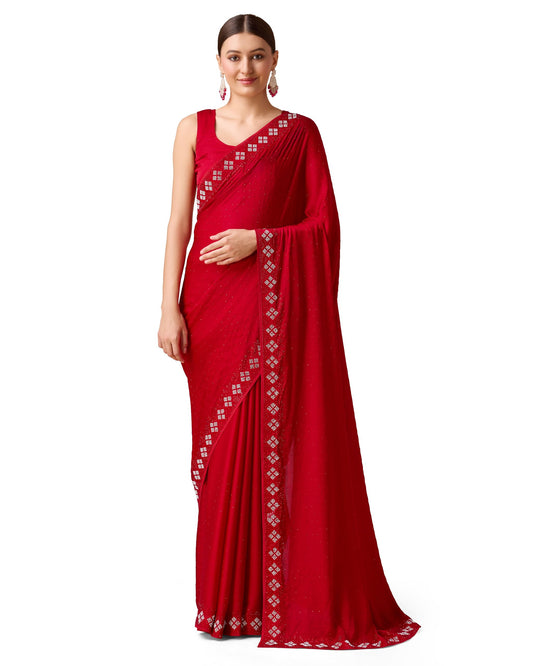 Monjolika Fashion Women's Satin Silk Saree in Red Color with Pearl Swarovski Stone work Comes With Unstitched Blouse Piece