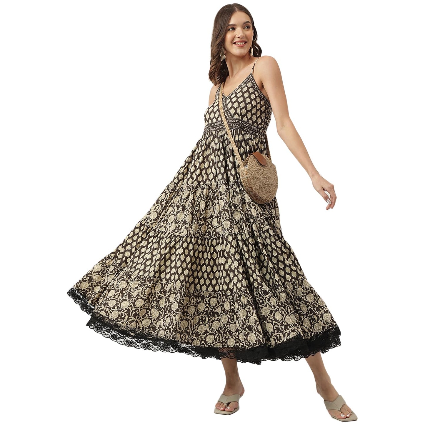 Divena Floral Printed Cotton Empire Ethnic Dress Black